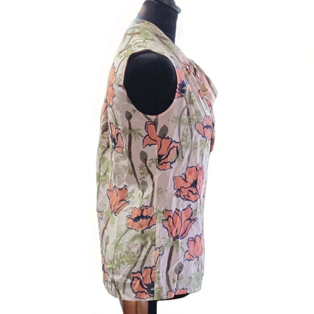 Tory Burch‎ Silk Floral Tie Neck Blouse Size 0 Sleeveless Poppy Print